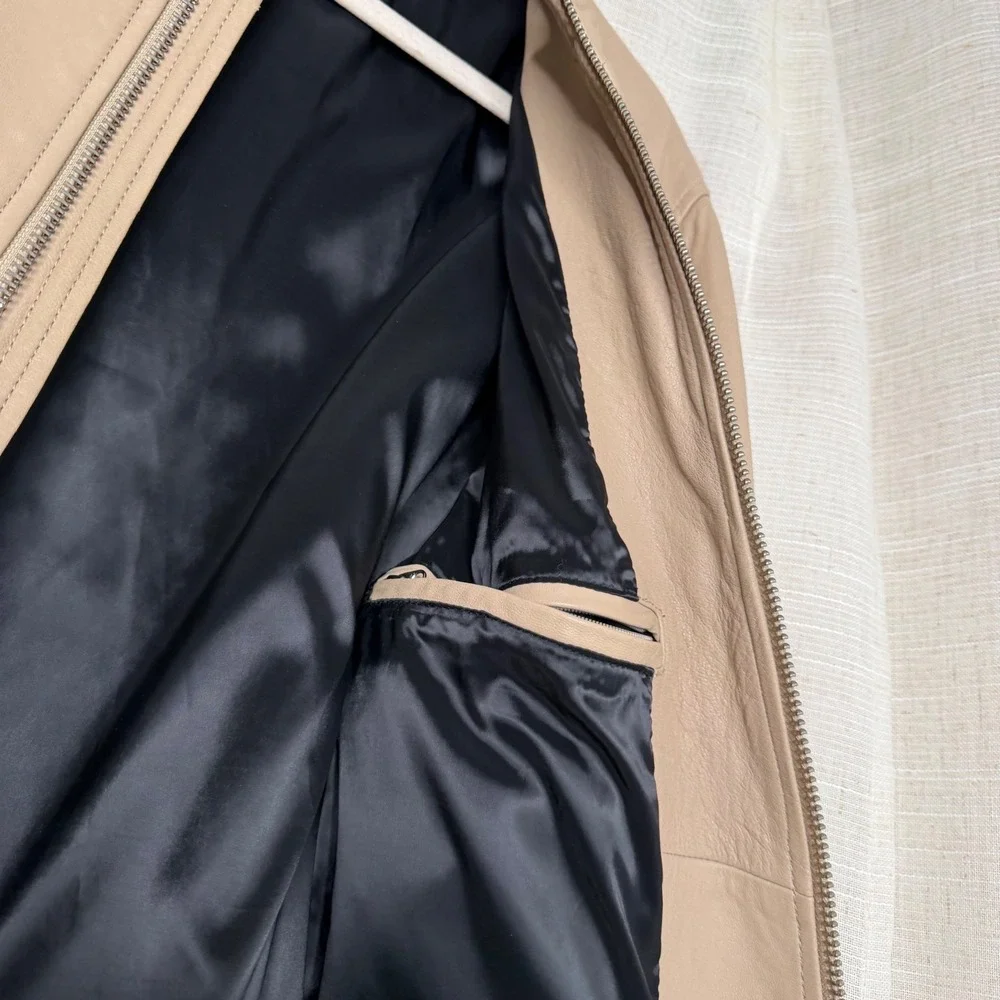 Mackage Biker Jacket Lambskin Leather Tan Beige Moto Zippers Men's‎ Size 38